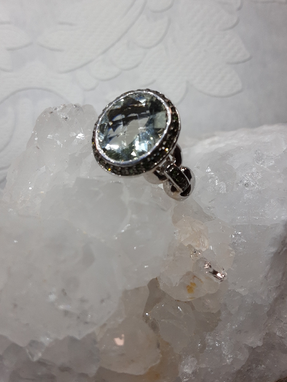 925 Genuine Prasiolite and Green Diamond ring.
